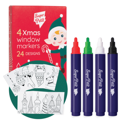 Boîte de 4 feutres pour vitres + 24 motifs à reproduire pour Noël